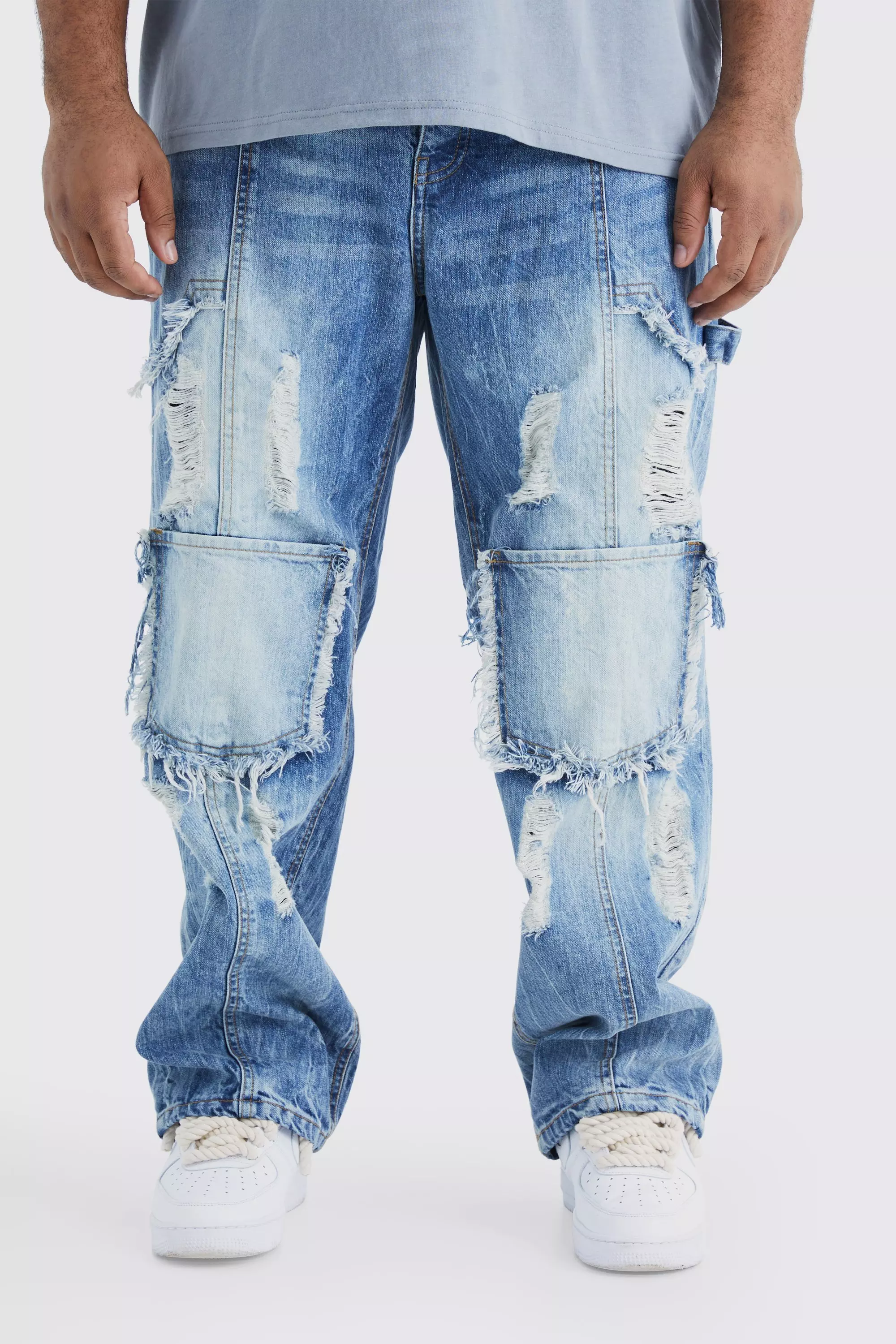 Plus Relaxed Rigid Ripped Carpenter Cargo Jean boohooMAN UK